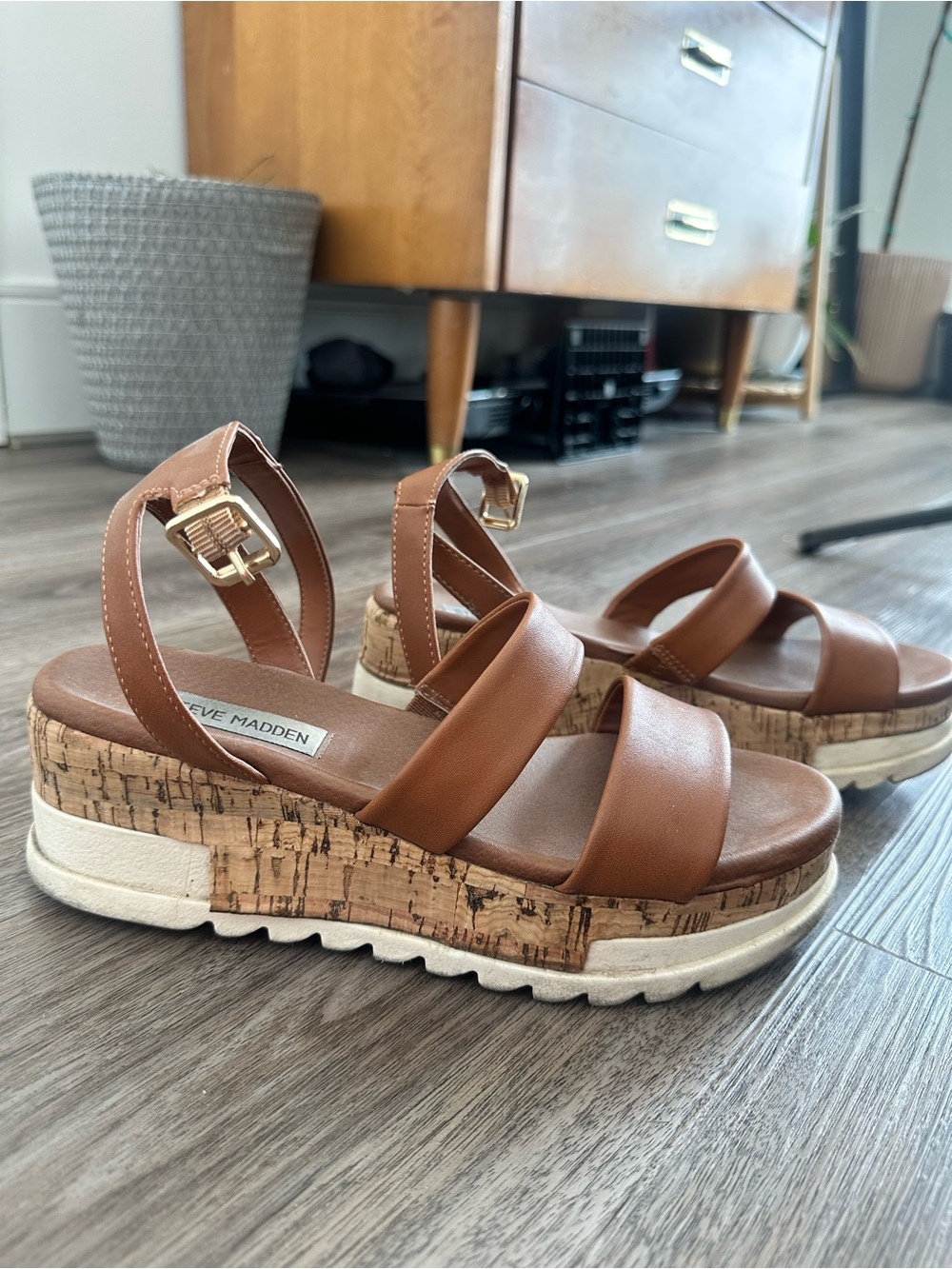 Steve Madden Brown Cork Platform Sandals with Gold Buckle